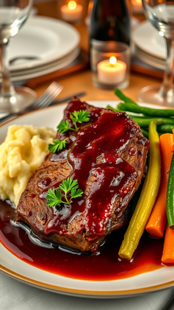 Plate of braised pork shoulder in red wine sauce with mashed potatoes and vegetables.